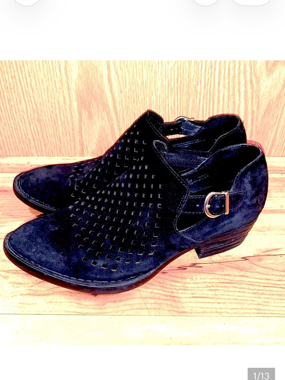 Born NANNA 7.5 black suede leather perforated ankle boots shoes point toe bootie
